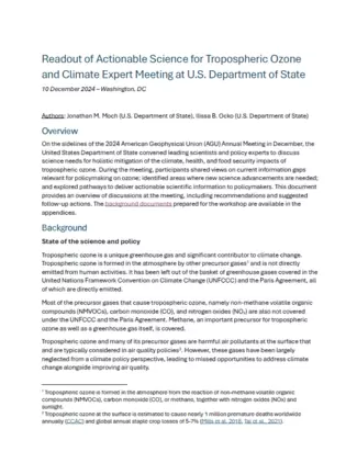Readout of Actionable Science for Tropospheric Ozone and Climate Expert Meeting at U.S. Department of State