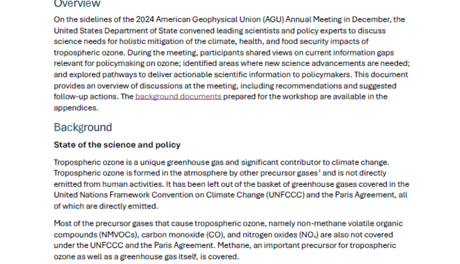 Readout of Actionable Science for Tropospheric Ozone and Climate Expert Meeting at U.S. Department of State