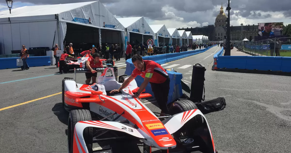 A Formula E car is prepped for the Paris race